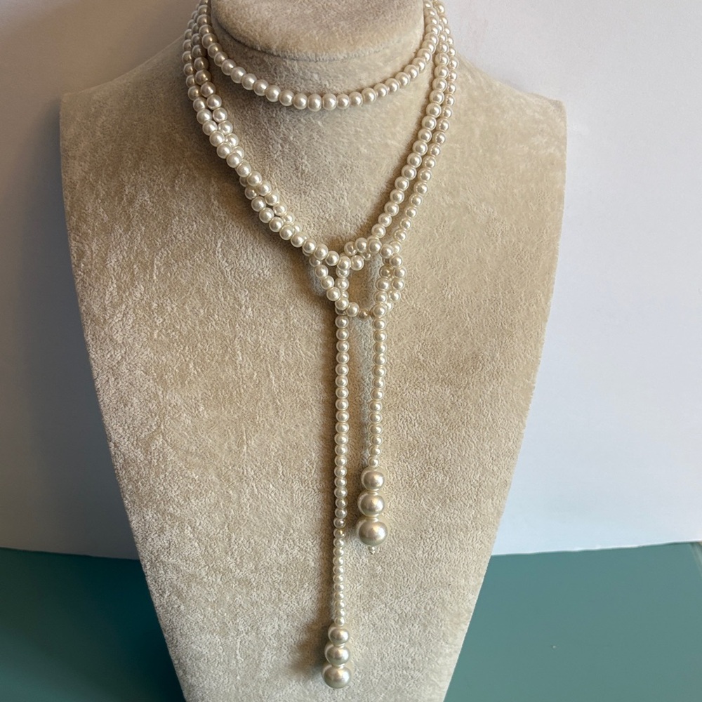 Long White Faux Pearl Lariat Necklace 50” Classic Layering Statement